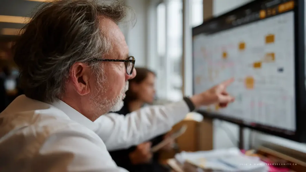 Compliance officer at a Swiss bank analysing FINMA regulatory gaps on a monitor displaying warning indicators, symbolic image for FINMA Supervisory Notice 02/2026 on combating digital fraud