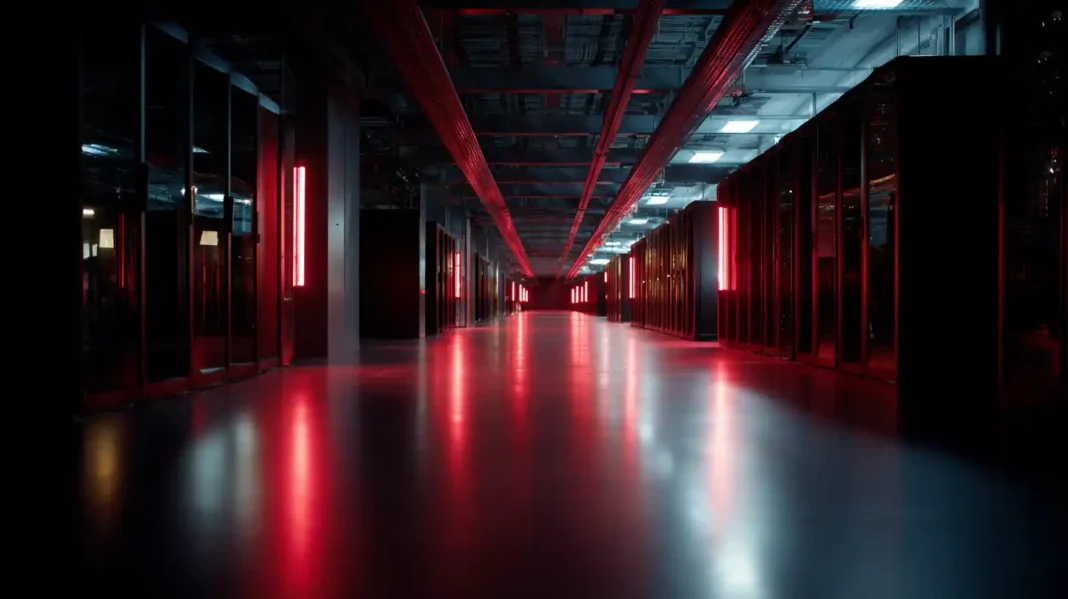 Schweizer Rechenzentrum-Korridor mit roter Notfall-Beleuchtung, Symbolbild für Incident Response und aktive Cyber-Bedrohungslage. Ransomware