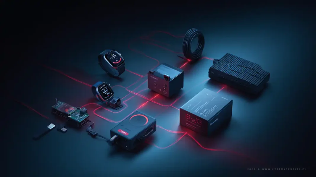 Vernetzte digitale Produkte vor Schweizer Alpenkulisse mit digitalen Elementen, Symbolbild für die kommende Schweizer CRA-Gesetzgebung und EU-Cyberresilienzanforderungen.