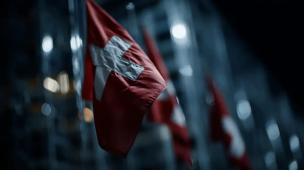 Schweizer Nationalflagge im Vordergrund vor einem modernen Schweizer Rechenzentrum, Symbolbild für die 24-Stunden-Meldepflicht des BACS, ISG-Compliance und NIS2-Auswirkungen auf Schweizer Unternehmen